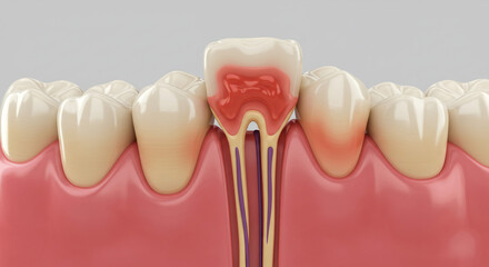 Detailed 3D dental cross-section reveals inflamed tooth pulp and root canal system with surrounding healthy teeth