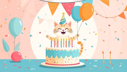 Cute cat celebrating birthday with cake and balloons