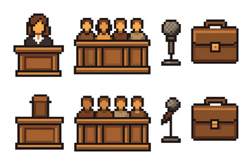 Pixel art courtroom scene with judge, jury, microphone, and briefcase