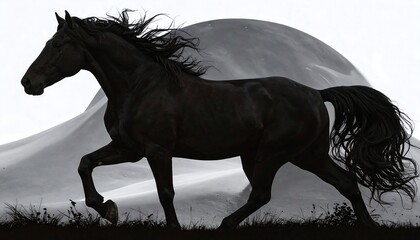 Black horse silhouette against a grey mountain