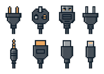 Pixel art electrical and audio connectors: plugs, usb, audio jack in 8-bit style