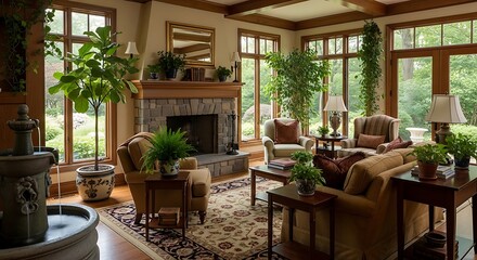 Fototapeta premium Warm and Luxurious Living Space with Large Windows, Elegant Decor, and a Charming Stone Hearth