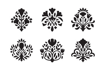 Set of six black floral damask ornamental motifs