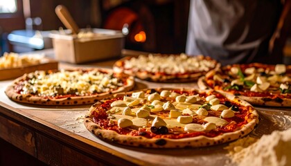 Several pizzas in various stages of preparation