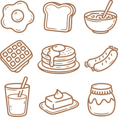 Collection of classic morning breakfast meal icons in a simple hand-drawn vector doodle style