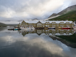 Fototapeta premium city Siglufjordur in fiord in Iceland