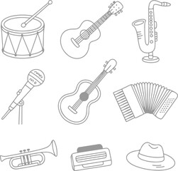 Fototapeta premium Outline Illustration Set of Diverse Musical Instruments and Accessories Vector Pack