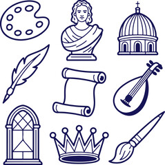 Collection of artistic and historical symbols including a palette, bust, scroll, and crown