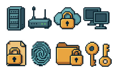 Pixel art icons of cybersecurity elements including servers, locks, and cloud