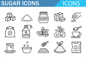 Vector sugar outline icons pack with food, beverage, and ingredient illustrations