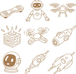 Collection of Modern Futuristic Technology Gadgets and Robotics in Outline Doodle Style