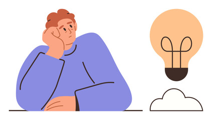 Person resting head on hand while thinking, large glowing lightbulb and cloud representing innovative ideas. Ideal for creativity, brainstorming, inspiration, problem-solving, innovation