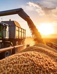 Agricultural harvest scene at sunset