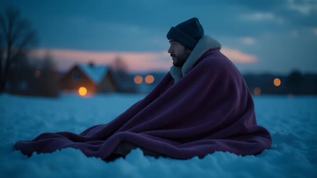 A person wrapped in a blanket sits in the snow, perhaps taking a break or enjoying the winter scenery