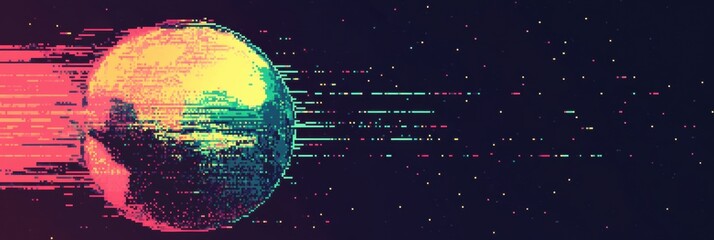 Digital representation of a planet speeding through space with colorful pixelated effects at night