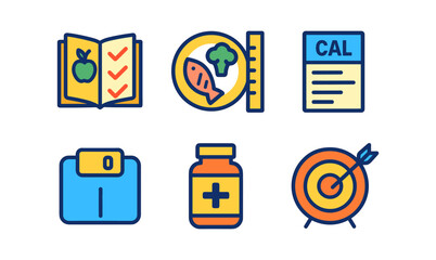 Healthy lifestyle icons: nutrition, fitness, and wellness symbols in flat style