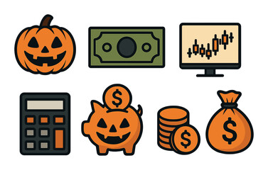 Halloween financial icons set: pumpkin, money, chart, calculator, piggy bank, coins, bag