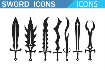 Sword icons set illustration with medieval, fantasy, and combat blade silhouettes, black vector weapons collection for game design, martial arts, knight armory, and historical fighting symbol graphics