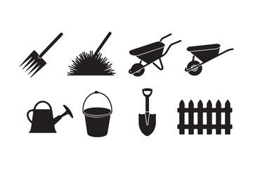 Collection of black silhouettes of garden tools and fencing