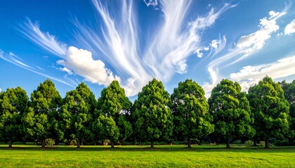Obraz premium Lush green trees line a grassy field under a vibrant sky filled with wispy clouds
