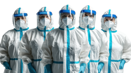 Group of healthcare workers wearing ppe on white background for safety during disease outbreak and pandemic, ready to respond to emergencies
