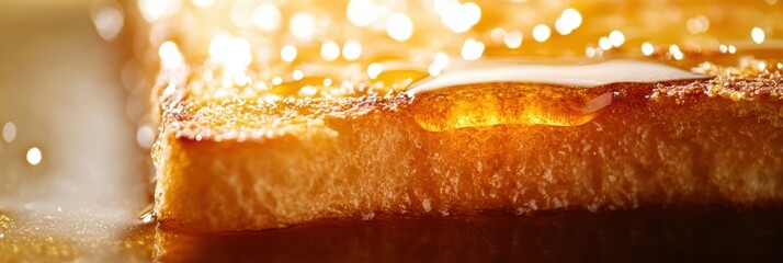 Delicious toasted bread dripping with golden honey in a warm kitchen setting during breakfast time