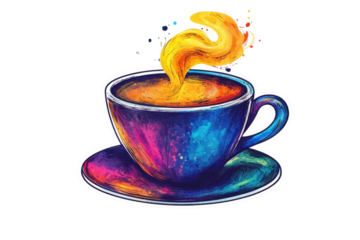 Creative illustration of a hot beverage in a blue coffee cup with steam on a white background, perfect for morning coffee or tea