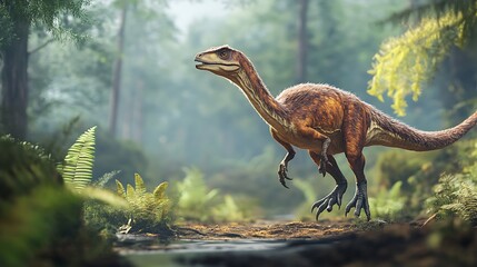A realistic depiction of a theropod dinosaur walking through a lush prehistoric forest
