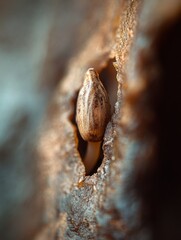 Close-up view of a seed embedded in the bark of a tree during early morning light showcasing natures intricate details in a forest setting