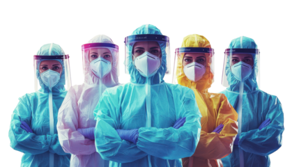 Group of healthcare workers wearing ppe on white background for safety during disease outbreak and pandemic, ready to respond to emergencies