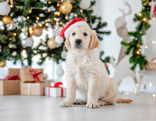 Cute golden retriever puppy wears Santa hat near decorated Christmas tree and presents during holiday season in cozy home setting