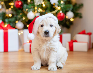 Cute golden retriever puppy wearing a Santa hat sits in front of a decorated Christmas tree with presents