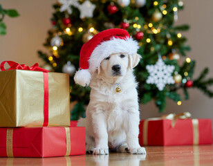 Cute puppy in a Christmas hat poses beside festive presents by a decorated tree