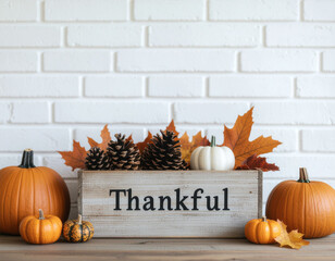 Thankful display of pumpkins, pinecones, and autumn leaves arranged against a white brick wall in a cozy setting