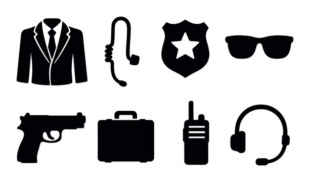 Silhouette of security items: suit, handcuffs, badge, sunglasses, gun, briefcase, walkie-talkie, headset