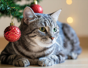Grey cat rests peacefully near decorated Christmas tree with ornaments and soft lights during holiday season