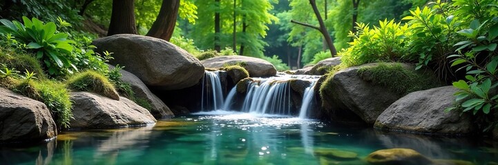 Obraz premium Serene pond waterfall cascading over natural rocks, creating a tranquil oasis Lush greenery surrounds the picturesque scene, perfect for relaxation and meditation , beauty, organic, pond