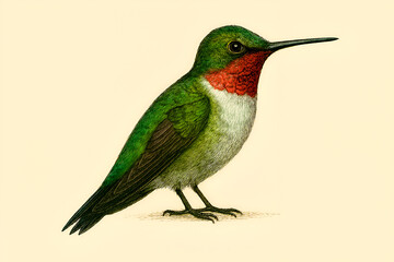 Ruby-throated Hummingbird Illustration on Cream Background