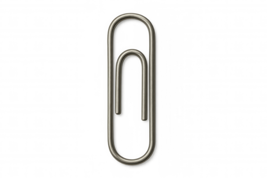 Single metallic paperclip isolated on a transparent background, perfect for graphic design projects