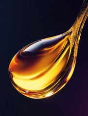 Golden liquid droplet glistens under soft light with a dark background emphasizing its rich texture and color
