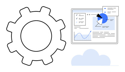 Gear with web dashboard displaying analytics, charts, and cloud icon. Ideal for efficiency, technology, cloud computing, analytics, workflow management, data visualization simple landing page