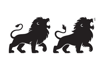 Two roaring black lion silhouettes on a white background