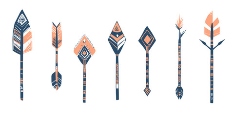 Set of seven stylized ethnic tribal arrows with geometric patterns and colorful minimalist boho design elements vector illustration