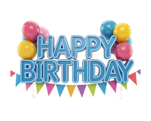 Happy birthday text with colorful balloons and festive bunting isolated on transparent background