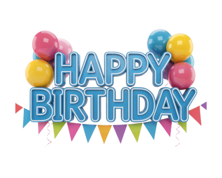 Happy birthday text with colorful balloons and festive bunting isolated on transparent background