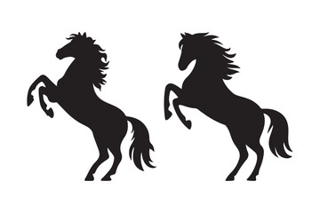 Two black horse silhouettes rearing up on white background