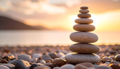 Stacked stones at sunset on beach (1)