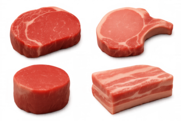 Assorted premium beef and pork cuts—rib eye, filet mignon, pork chop, pork belly—raw, fresh, displayed against transparent backdrop