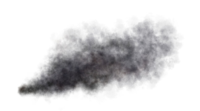 Thick black exhaust smoke cloud trail isolated from aircraft or vehicle with combustion engine