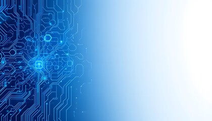 Abstract blue circuit board with binary code overlay and gradient background